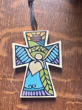Hand-Painted Wooden Cross Ornament with Angel and 'Peace'